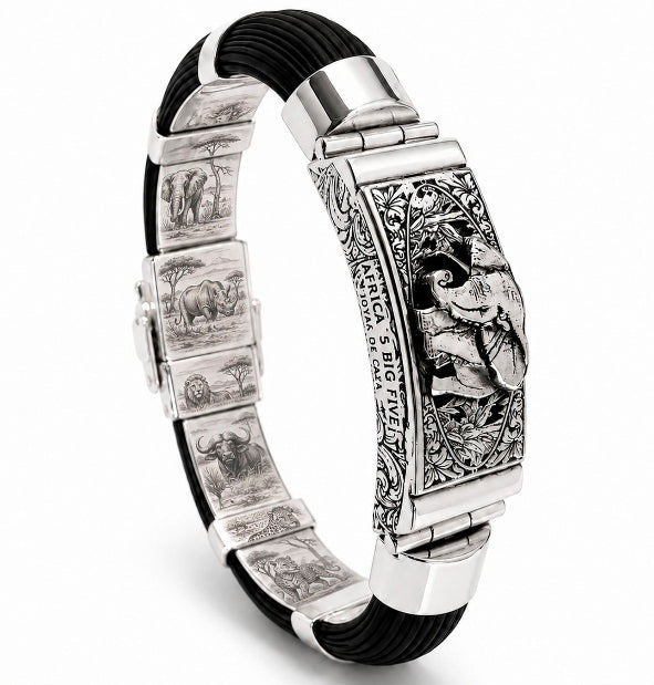 Pulsera Elefante en la Sabana con Pelo de Búfalo Africano y Plata de Ley vista frontal