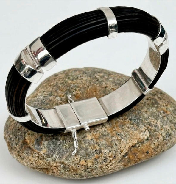 Half-Round Buffalo Hair Bracelet with Hinge and Sterling Silver Clasp