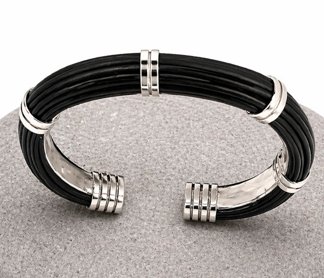 Buffalo hair bracelet, round tube, 12 mm, double handles, open with silver