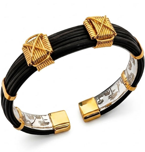 pulsera plana con 2 nudos africanos en Oro 18 kilates con pelo de Bufalo