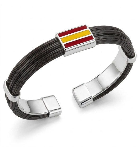 Pulsera Plana Pelo de Búfalo con Bandera de España en Plata 925