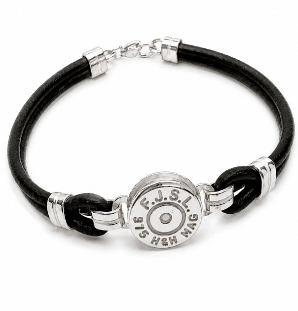 Pulsera réplica de culata de bala personalizada con cuero negro y plata de ley 925