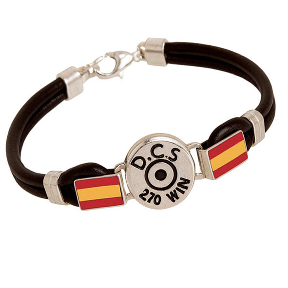 Sterling Silver Bullet Casing Replica Bracelet with Leather and Spanish Flag