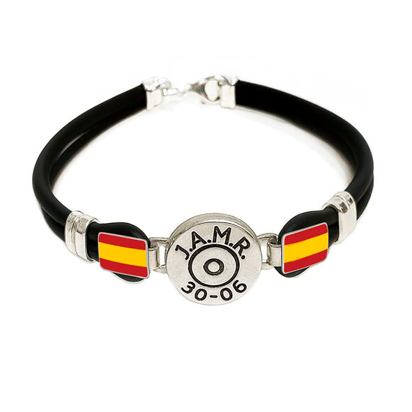 Sterling Silver Bullet Casing Replica Bracelet with Leather and Spanish Flag