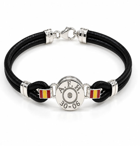 Pulsera de culata de bala con cuero y bandera de España detalle de lo personalizado 
