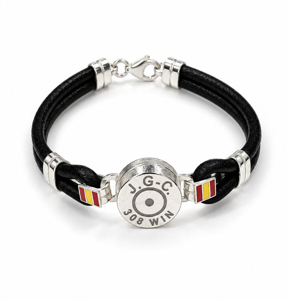 Pulsera de culata de bala con cuero y bandera de España detalle de lo personalizado con otro calibre