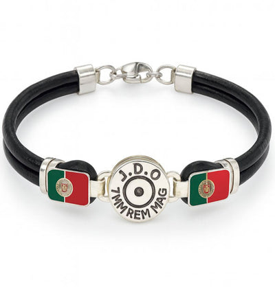 pulsera-replica-culata-bala-con-cuero-y-bandera-Portugal-en-plata-de-ley