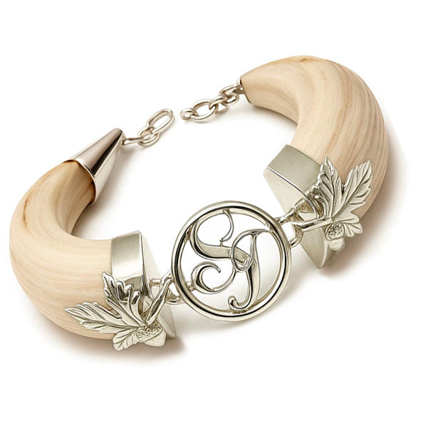 custom wild boar grinder bracelet with acorn leaves and silver