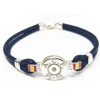 pulsera replica culata bala con cuero y bandera españa en plata