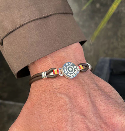 pulsera replica culata bala con cuero y bandera españa en plata