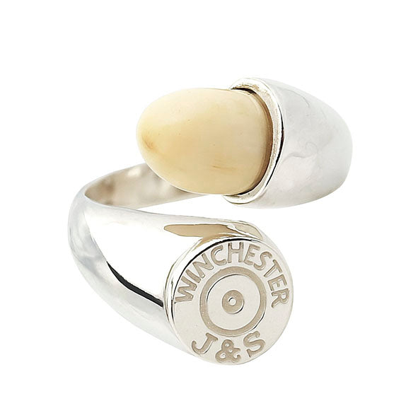 Sortija ajustable perla venado y culatín plata 925 vista lateral – joyeria cinegetica artesanal Joyas de Caza