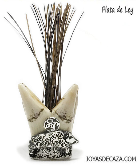 Broche 2 colmillos de jabali con plata y pelo jabali personalizado